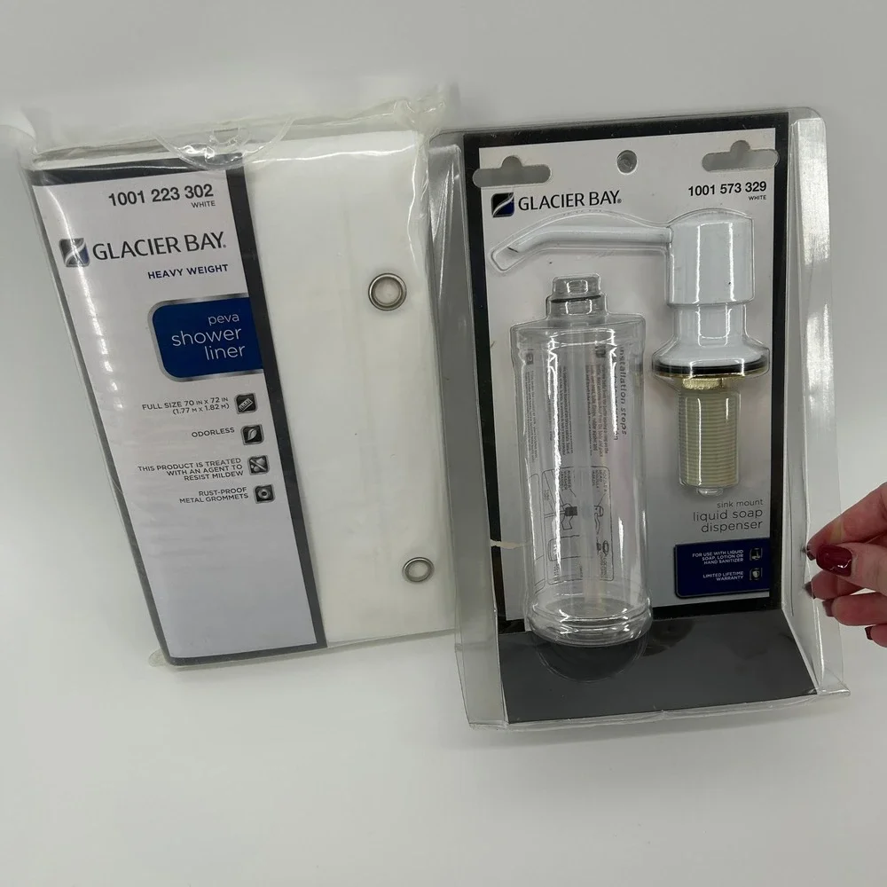 Glacier Bay White PEVA Shower Liner 70x72 & Sink Mount Soap Dispenser Set NEW